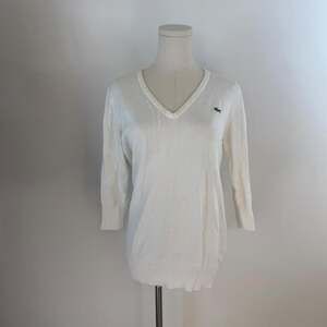 Lacoste Cotton Cashmere V-Neck Sweater | White 3/4 Sleeve | Womens Size 40 (M/L)